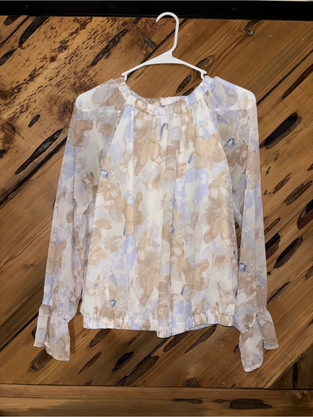 Nine West Sheer Long-Sleeve Blouse in Beige and Light Blue